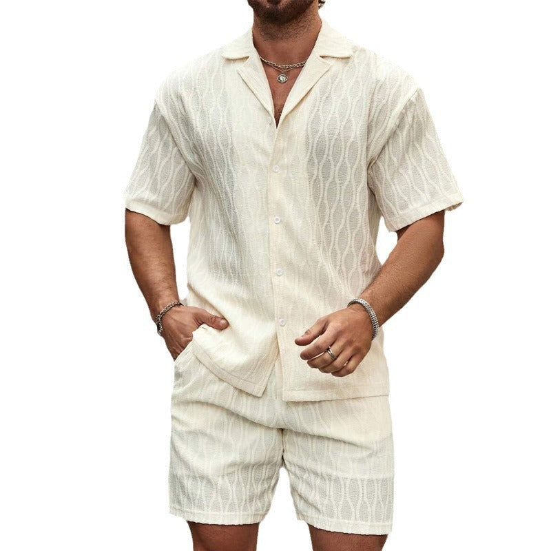 Men Loose Casual Two Pieces Lapel Button Shirt Shorts Beach