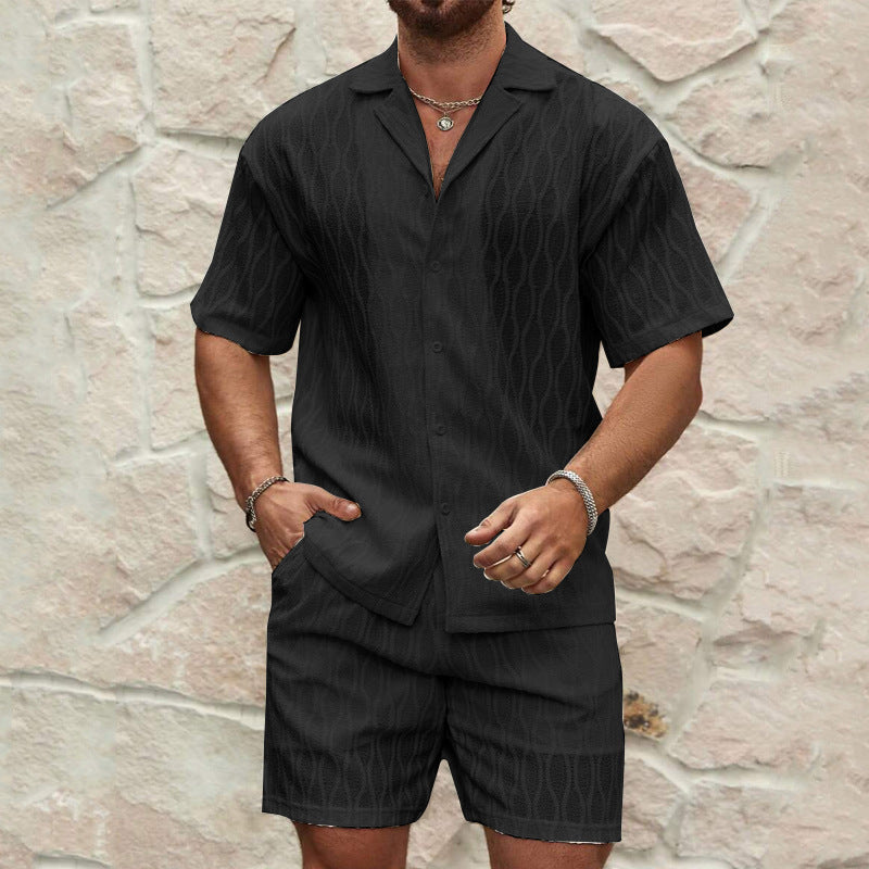 Men Loose Casual Two Pieces Lapel Button Shirt Shorts Beach