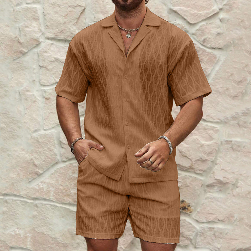 Men Loose Casual Two Pieces Lapel Button Shirt Shorts Beach