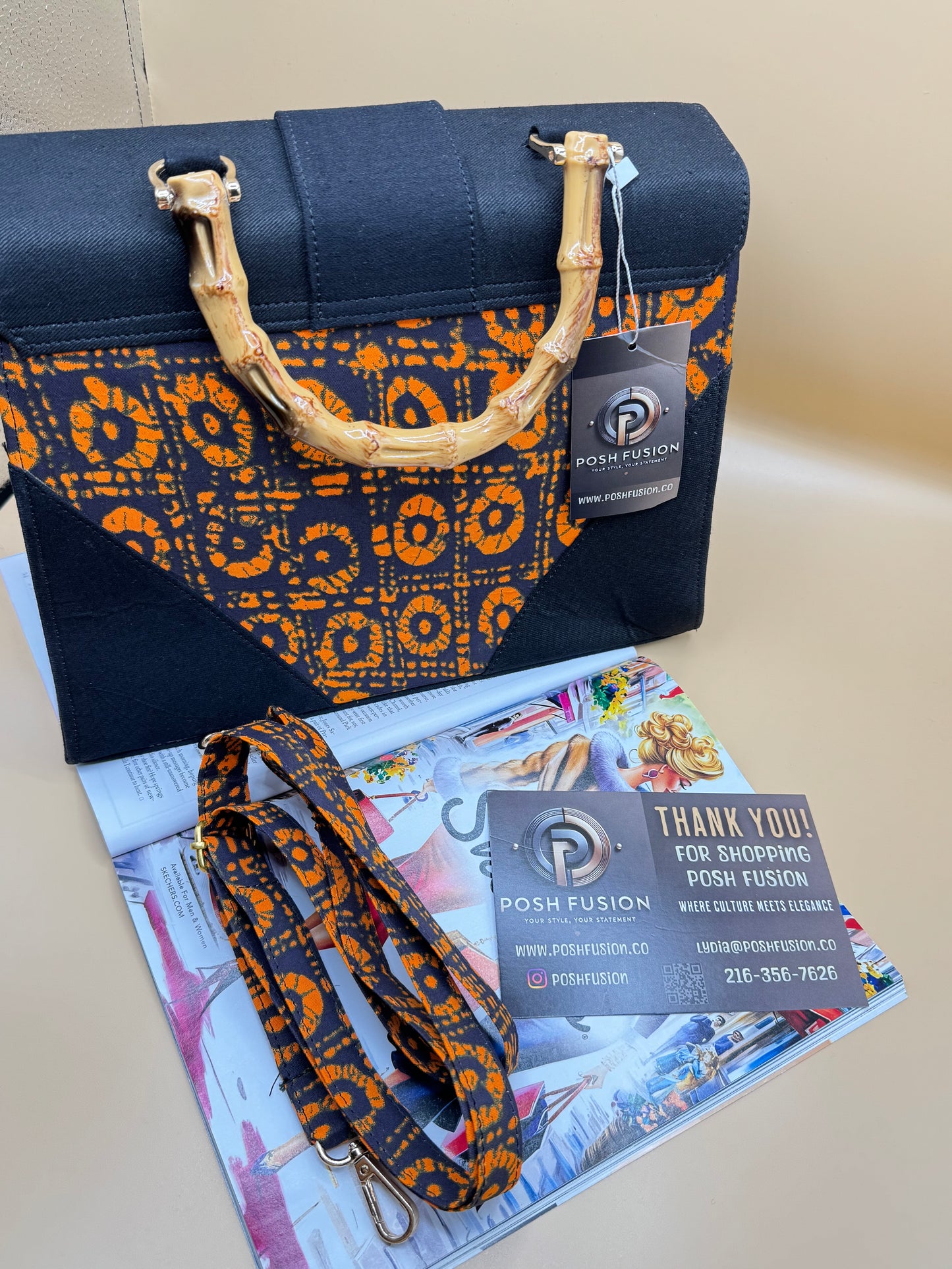 Ebony Flame Batik Bag with Bamboo Handle
