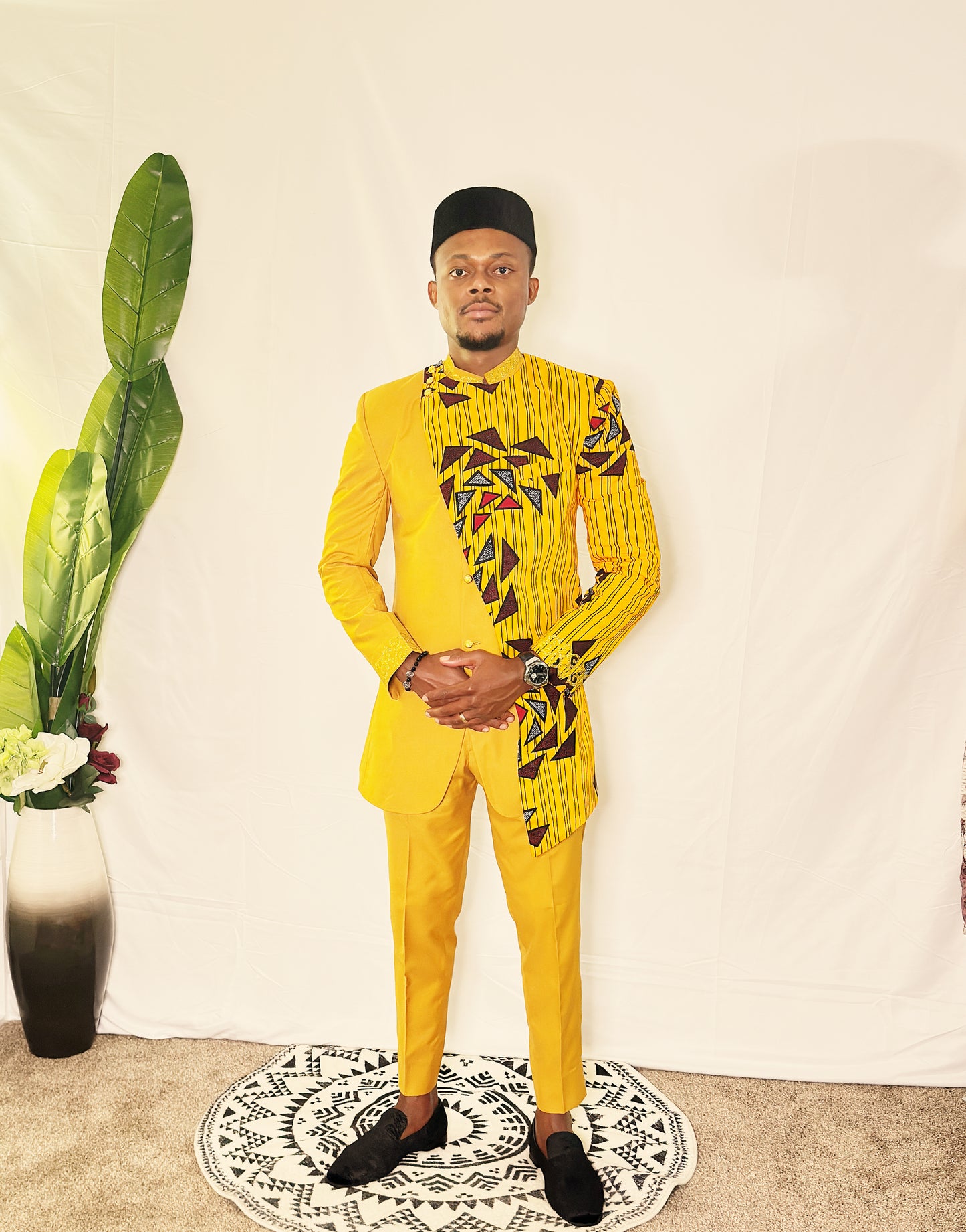 Telu African Asymmetry Suit for Men Embroidery Blazer and Pant Set with Hat