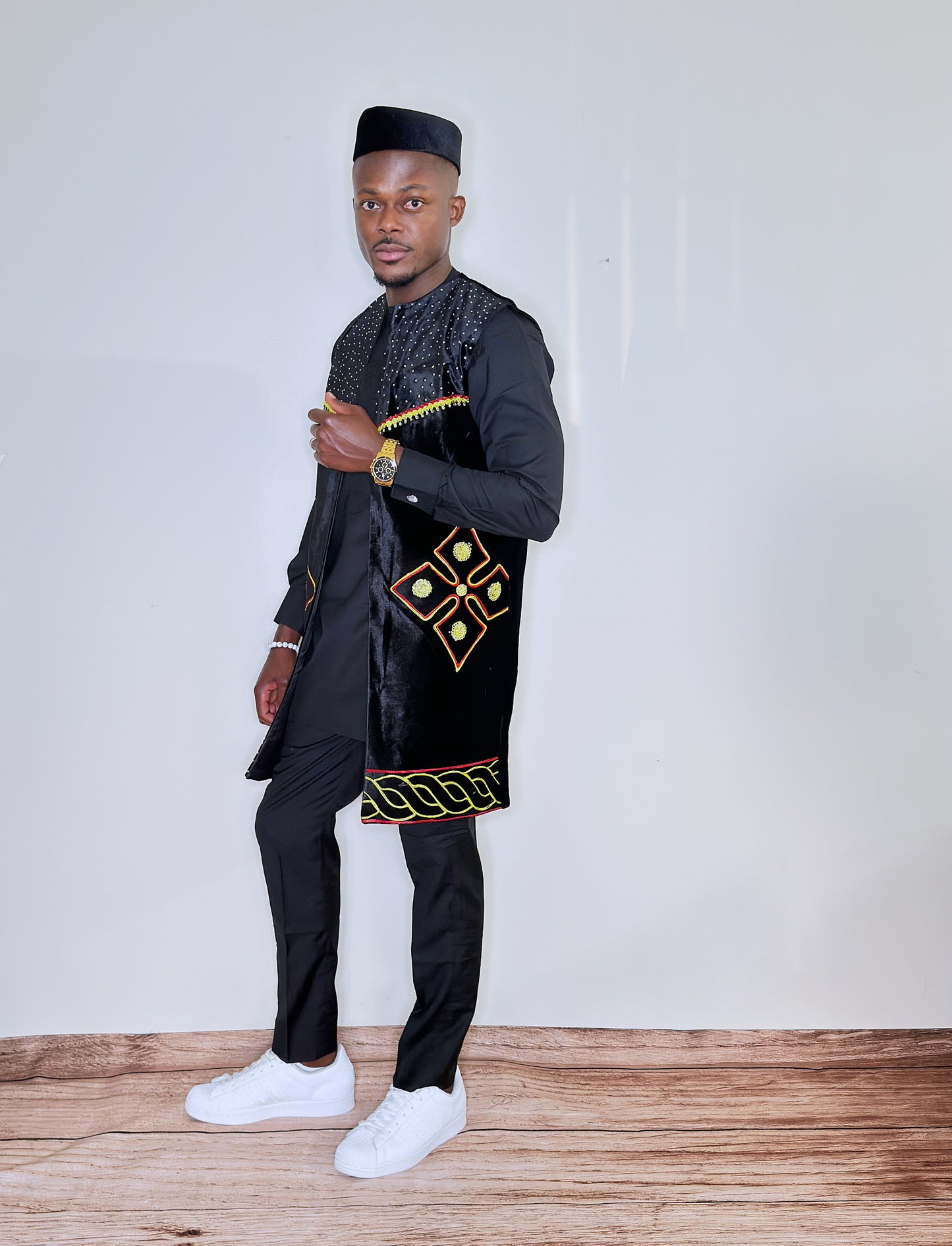 Bamenda-Cameroon Inspired Toghu 3-Piece Set with Native Hat