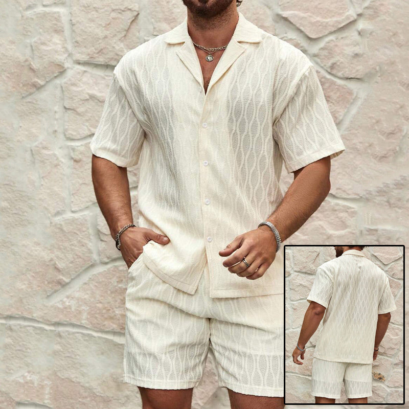 Men Loose Casual Two Pieces Lapel Button Shirt Shorts Beach
