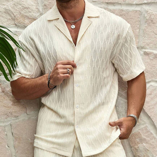 Men Loose Casual Two Pieces Lapel Button Shirt Shorts Beach