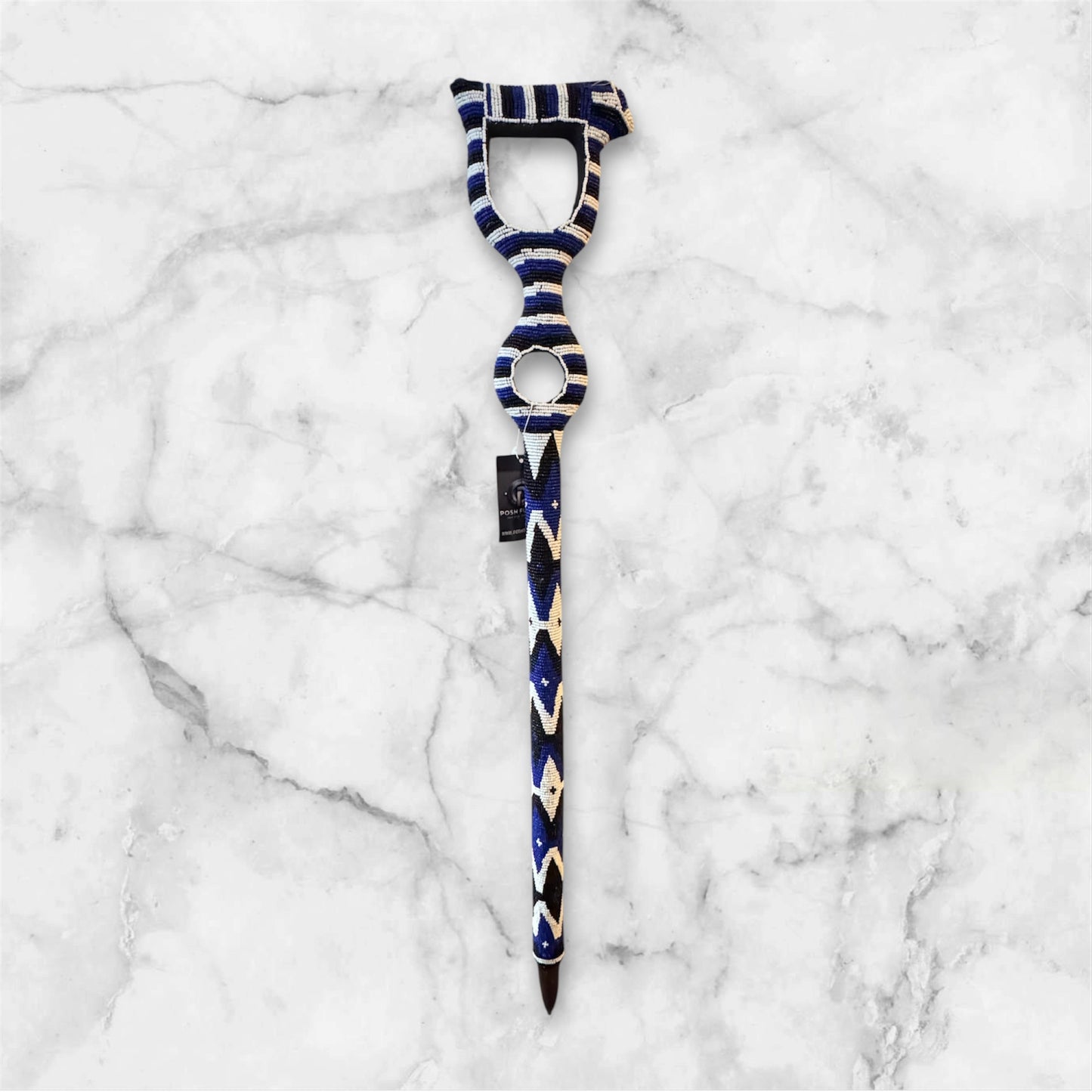 Royal Beaded African Walking Stick – Blue & White Tribal Staff