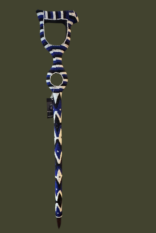 Royal Beaded African Walking Stick – Blue & White Tribal Staff
