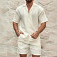 Men Loose Casual Two Pieces Lapel Button Shirt Shorts Beach
