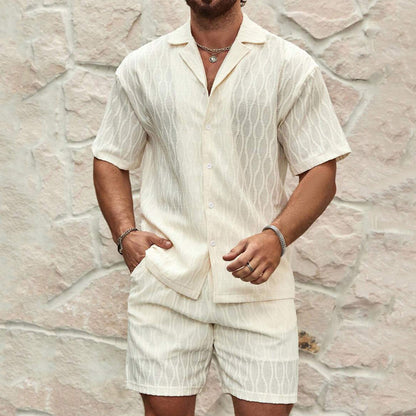 Men Loose Casual Two Pieces Lapel Button Shirt Shorts Beach